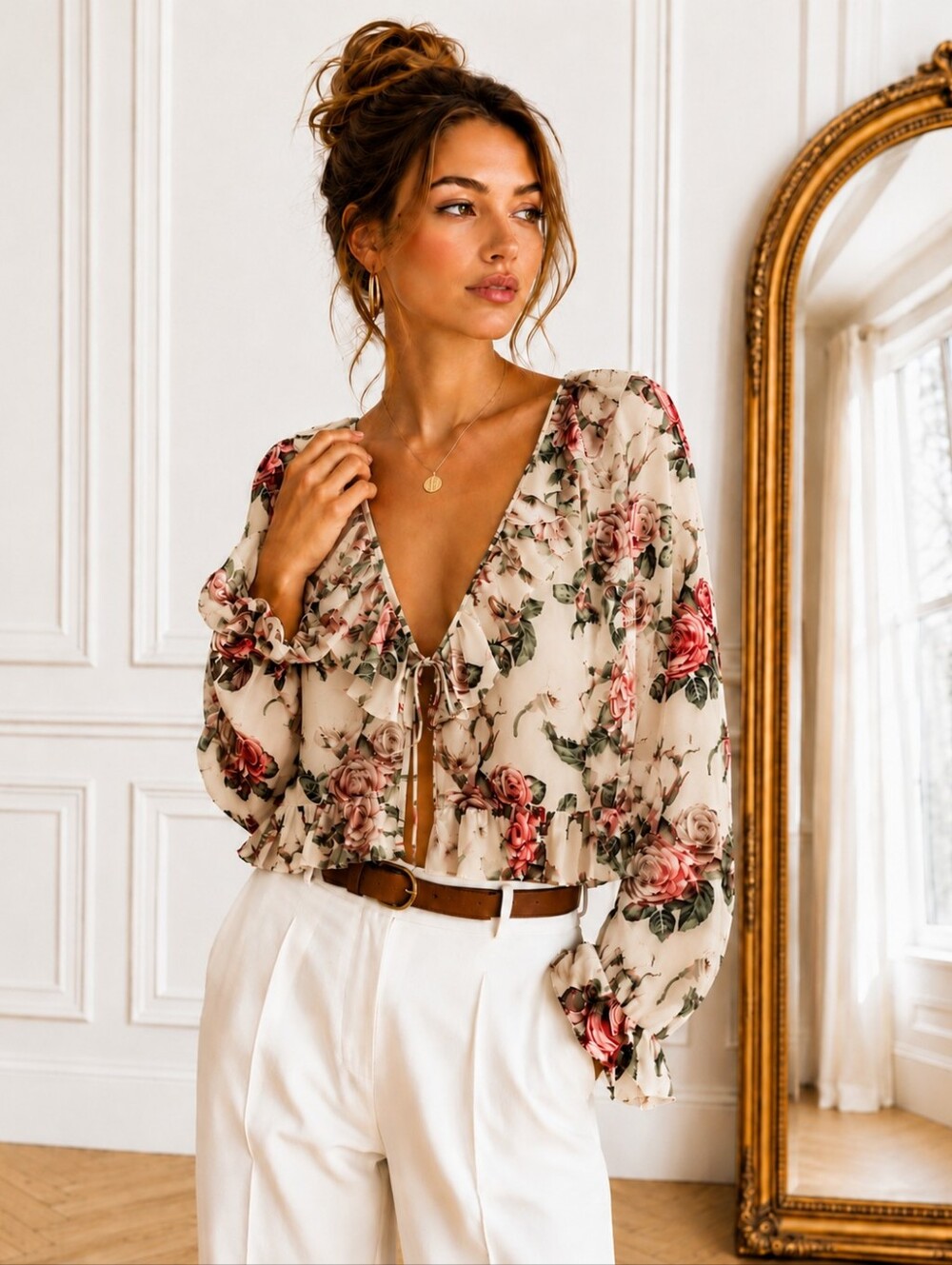 VICI | Floral Ruffle Tie Front Blouse | Size Medium | Romantic  Peplum Top